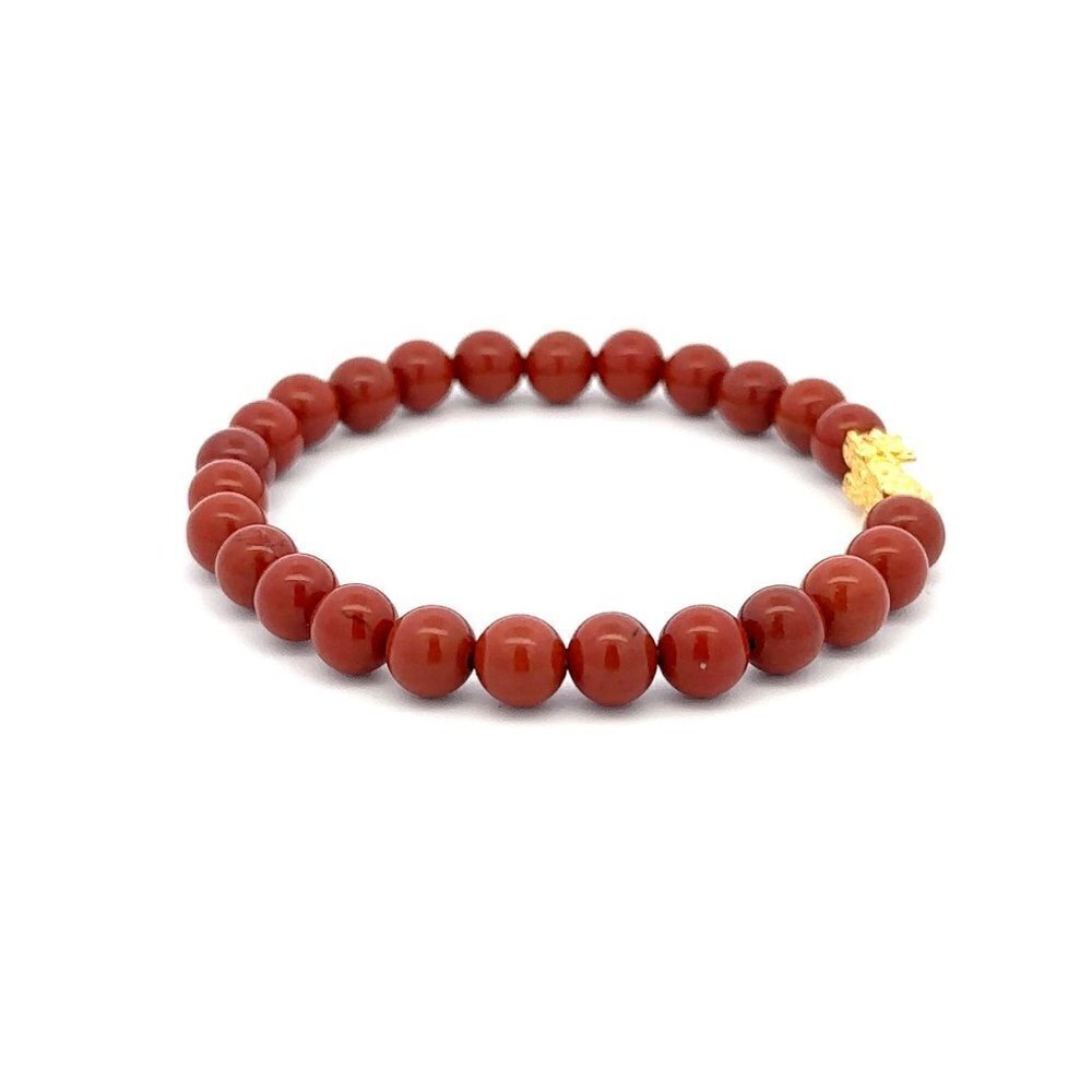 18K Gold Pixiu Piyao Bracelet Natural Gemstones Red Jasper 6mm Elastic Bracelet - Picture 5 of 5